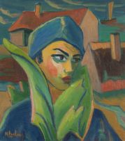 Maggie Laubser; Composition with Head, Foliage and Huts