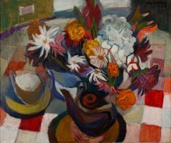May Hillhouse; Still Life with a Teapot and Flowers on a Checked Tablecloth