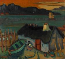 Maggie Laubser; Seascape with Boats, House and Seated Woman Holding a Baby