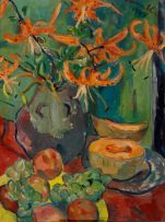 Irma Stern; Still Life with Tiger Lilies, Fruit and a Melon