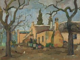 Gregoire Boonzaier; A Farmstead with Chickens and Trees