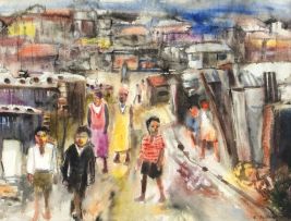 Ephraim Ngatane; A Township Street Scene with Women and Children