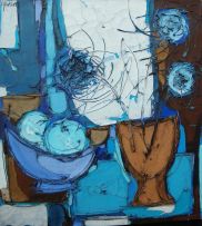 Aileen Lipkin; A Still Life with Fruit and Flowers in a Blue Vase