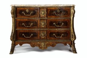 A Régence style kingwood, walnut, marquetry, marble-topped and gilt-metal mounted commode