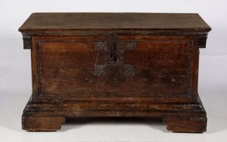 A wrought iron mounted walnut and oak coffer, 16th century and later