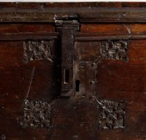 A wrought iron mounted walnut and oak coffer, 16th century and later