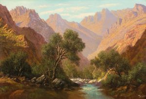 Tinus de Jongh; An Extensive Mountainous Landscape with a River