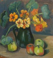 Maggie Laubser; A Still Life of a Jug with Nasturtiums and Apples on a Table