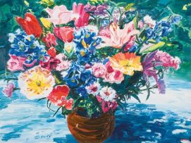 Gerhard Batha; Spring Flowers in a Brown Vase