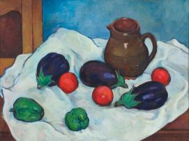 François Krige; Still Life with Brown Jug, Aubergines, Tomatoes and Peppers on a White Cloth