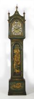 A green and gilt japanned longcase clock, 18th century