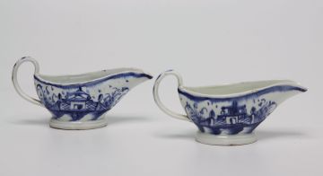 A pair of Staffordshire blue and white sauceboats, circa 1770
