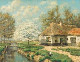 Tinus de Jongh; A Farmhouse near a Canal in Spring Time