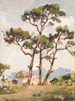 Gregoire Boonzaier; Three Trees with a Red Roofed House on a Windy Day, Newlands, Cape
