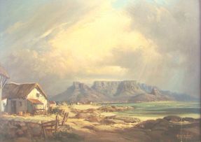 Gabriel de Jongh; Table Mountain with Sea and Cottages