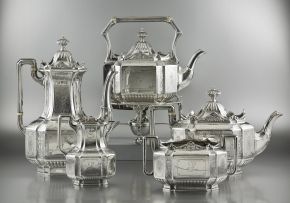 A silver five-piece tea service, John Round & Son Ltd, Sheffield, 1894 and 1909