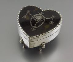 An Edward VII silver and tortoiseshell-mounted heart-shaped trinket box, William Comyns & Sons Ltd, retailer JC Vickery Ltd, 183 Regent Street, London 1906