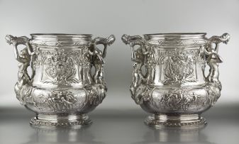 A pair of German silver wine coolers, H Nevir, Berlin, mid 19th century