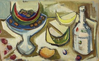 Carl Büchner; Still Life with Melons and a Bottle