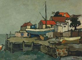 Gregoire Boonzaier; A Harbour with Boats Ashore