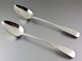 Two Cape silver 'Fiddle' pattern basting spoons, Lawrence Holme Twentyman, mid 19th century