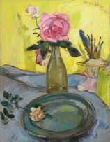 Irma Stern; A Still Life with Roses and the Artist's Brushes in a Pot