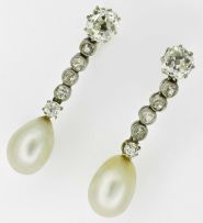 Pair of diamond and pearl ear pendants, early 20th century