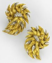 Pair of diamond and gold earclips and a brooch, 1960s