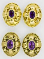 Two pairs of amethyst and silver-gilt ear clips