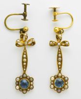 Victorian aquamarine and seed pearl pendant earrings