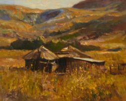 Errol Boyley; Rondavels in a Mountain Landscape