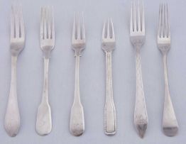 Six Cape silver konfyt forks, various makers, including Johannes Combrink Lawrence Holme Twentyman, J De Jongh, and Johannes Hendricus Beyleveld, 19th century