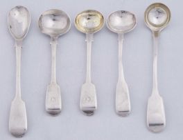 Three Cape silver Fiddle pattern salt spoons, William Moore, Johan Hendrik Vos and Lodewyk Willem Christian Beck, 19th century