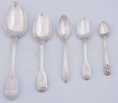 Six Cape silver Fiddle pattern table spoons, various makers, including: Johannes Marthinus Lotter, Wilhelmina Margaretha Lotter and unknown maker MIV, 19th century