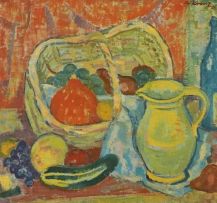 Alfred Krenz; Still Life with a Basket of Fruit and a Jug