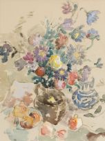 Gregoire Boonzaier; A Still Life with Ranunculus and Spring Flowers in an Earthenware Jug with Pomegranates