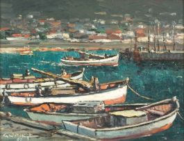 George William Pilkington; A Harbour Scene with Boats and Fishermen