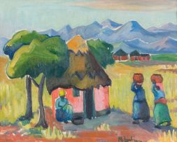 Maggie Laubser; Huts and Trees with Figures in a Landscape