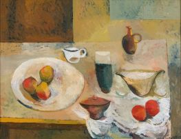 Cecil Skotnes; A Still Life with Vessels and Fruit on a Table