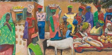 Sam Nhlengethwa; A Market Scene