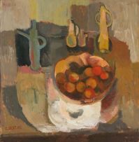 Cecil Skotnes; A Still Life with Peaches in a Bowl and Vessels on a Table