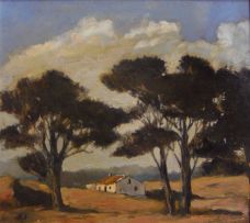 Nita Spilhaus; A Cape Cottage in a Landscape with Trees