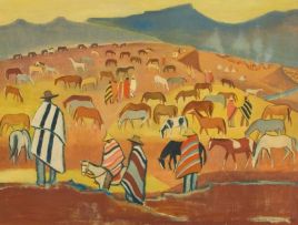 Nerine Desmond; Blanketed Figures in a Basuto Landscape with Horses