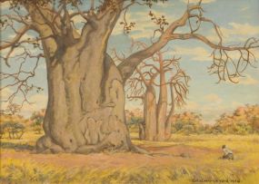 Erich Mayer; An Extensive Landscape with a Baobab and a Crouching Man