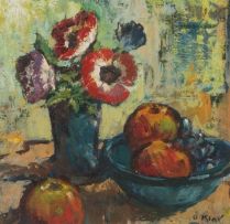 Otto Klar; A Still Life with Anemones and a Bowl of Fruit