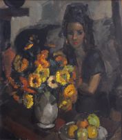 Clement Serneels; A Woman with a Bowl of Flowers and a Plate of Fruit