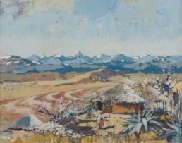 Terence McCaw; Lesotho, Figure outside a House with Snow Covered Peaks in the Distance