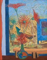 Rosamund Everard-Steenkamp; A Still Life of Gerberas in a Blue, Green and Red Vase, and a View Through a Window