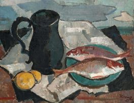 Alfred Krenz; Still Life with Fish, Lemons and a Jug