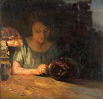 Frans Oerder; A Woman Sewing by Lamplight